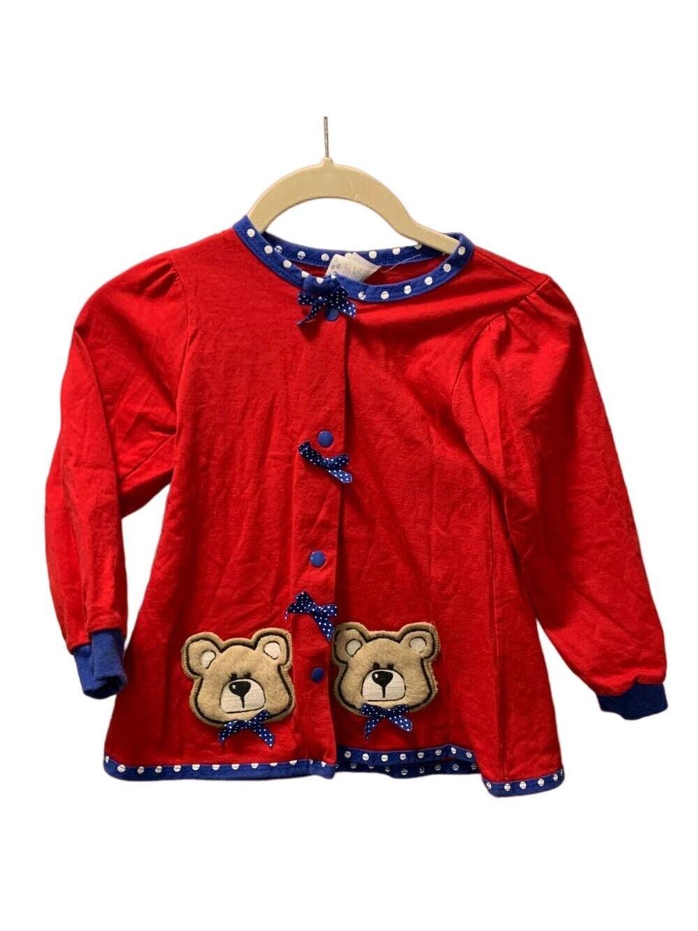 Buster Brown Vintage Bear Crew Neck Long Sleeve Cardigan Sweater Red/Blue Size 5
